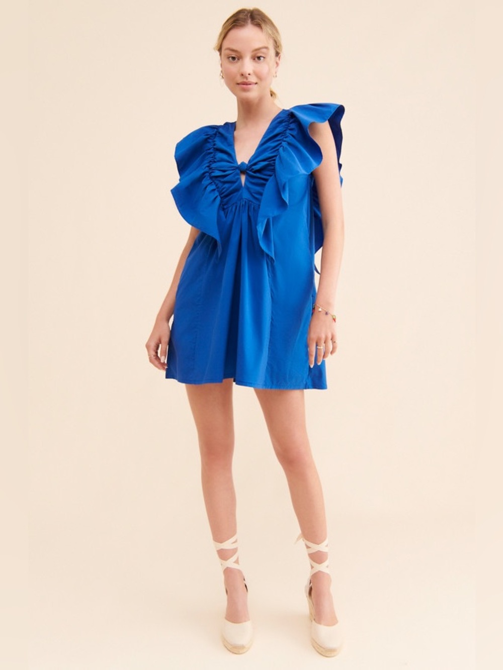 Anthropologie Blue Tassel Ruffled Waistless Mini Dress V-Neck Bold Blue Size S